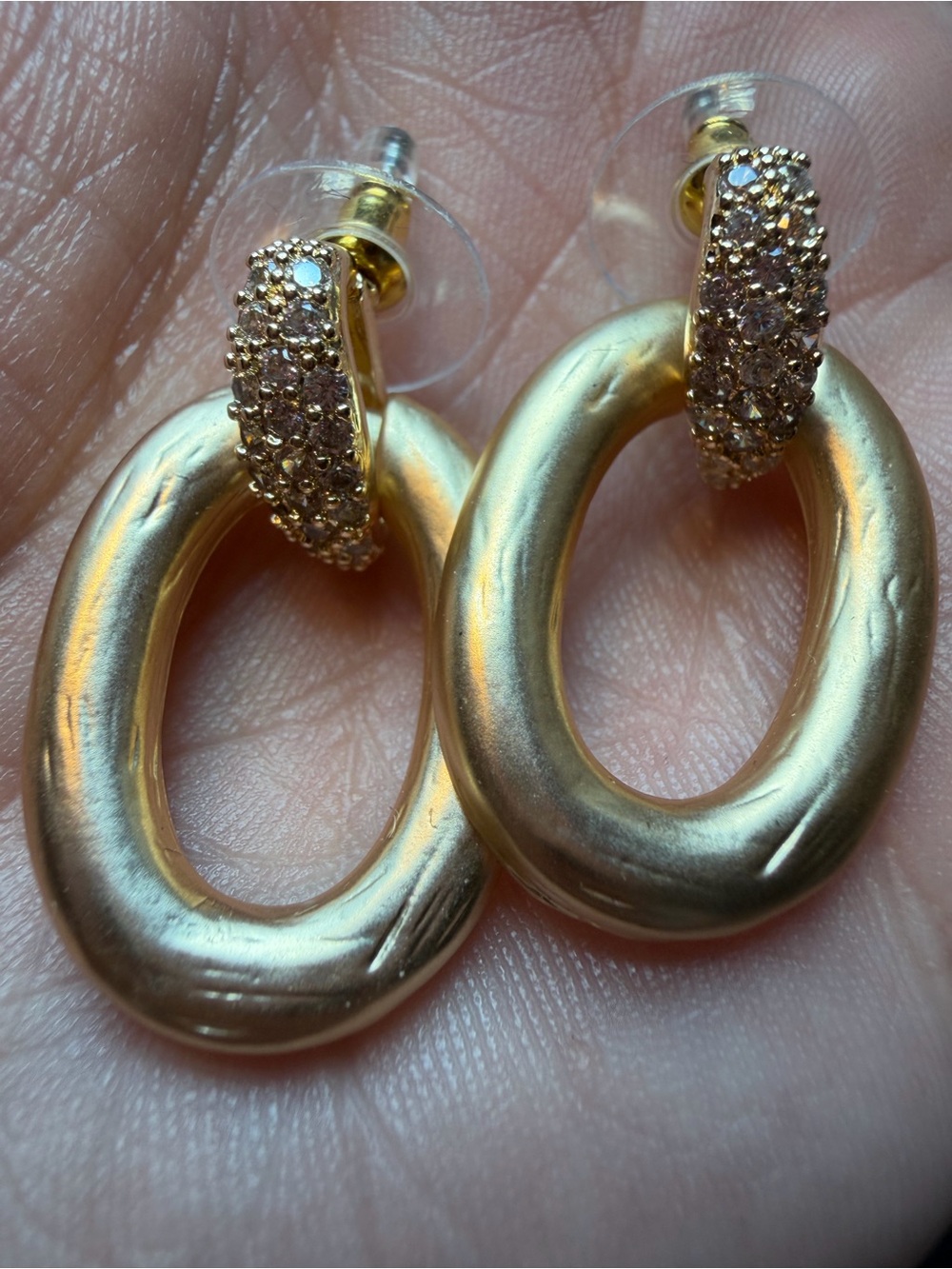 Gold Oval Drop Earrings with Pave Accent